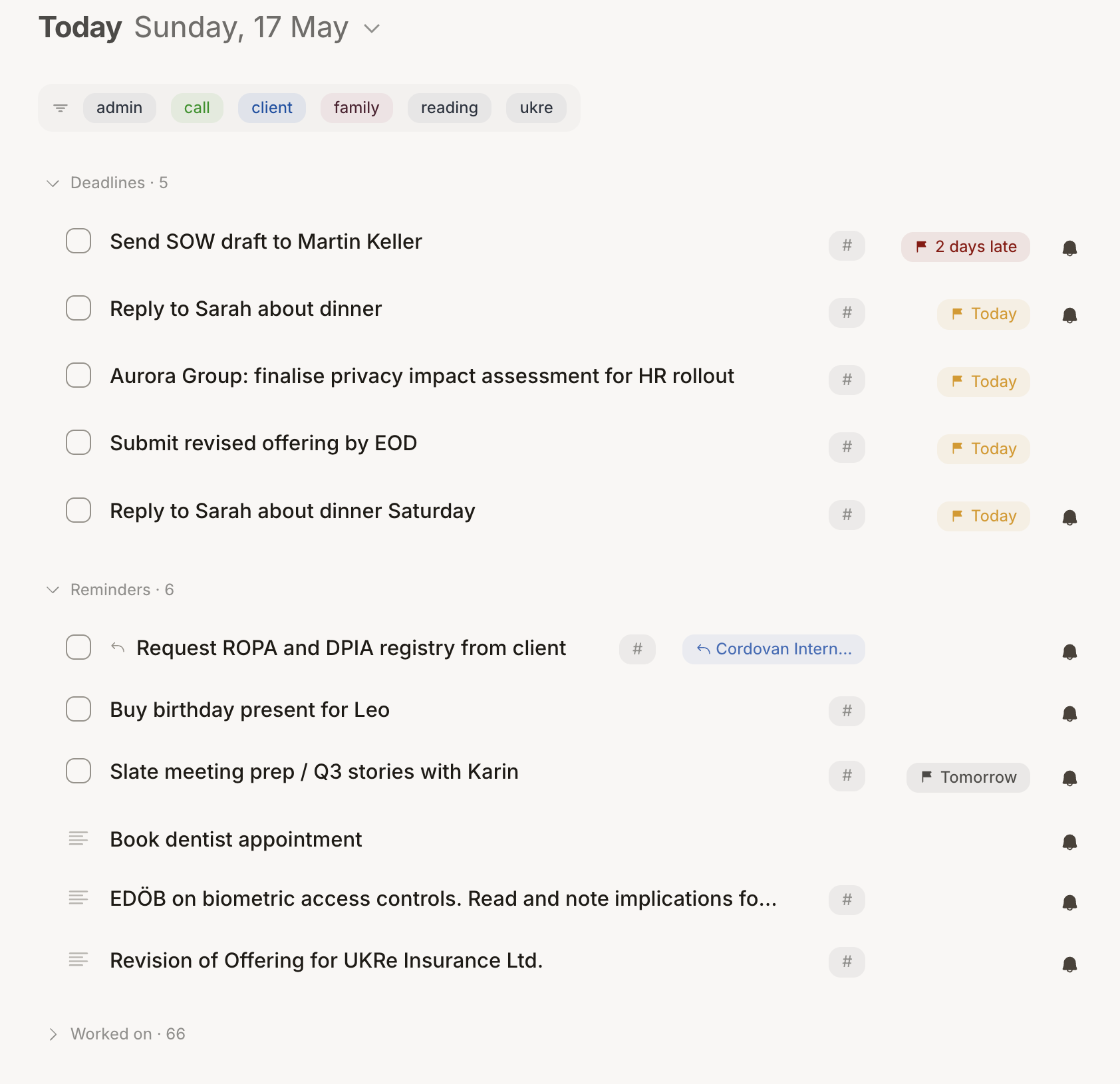 Takt's agenda view showing deadlines, reminders, and items worked on, filtered by tag.