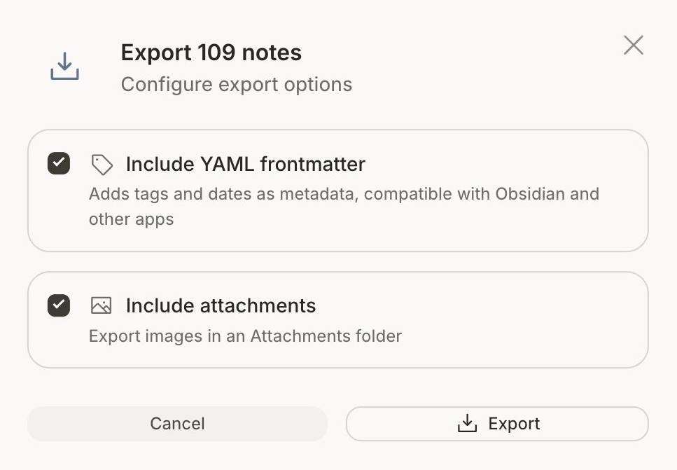Takt's export dialog, showing options to include YAML frontmatter and attachments.