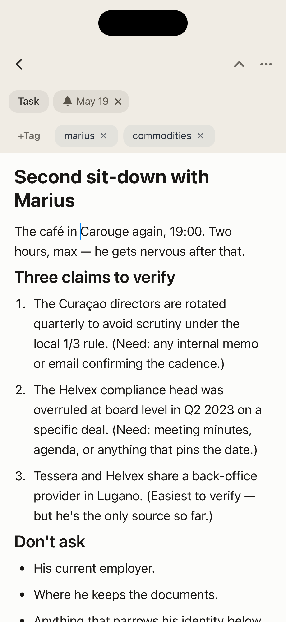 A long working note open on iPhone, showing headings, numbered claims, and bullet lists.