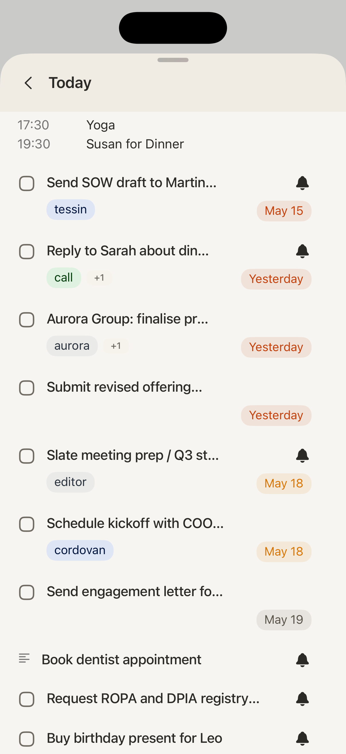 Takt's Today view on iPhone, listing deadlines and reminders with tags.