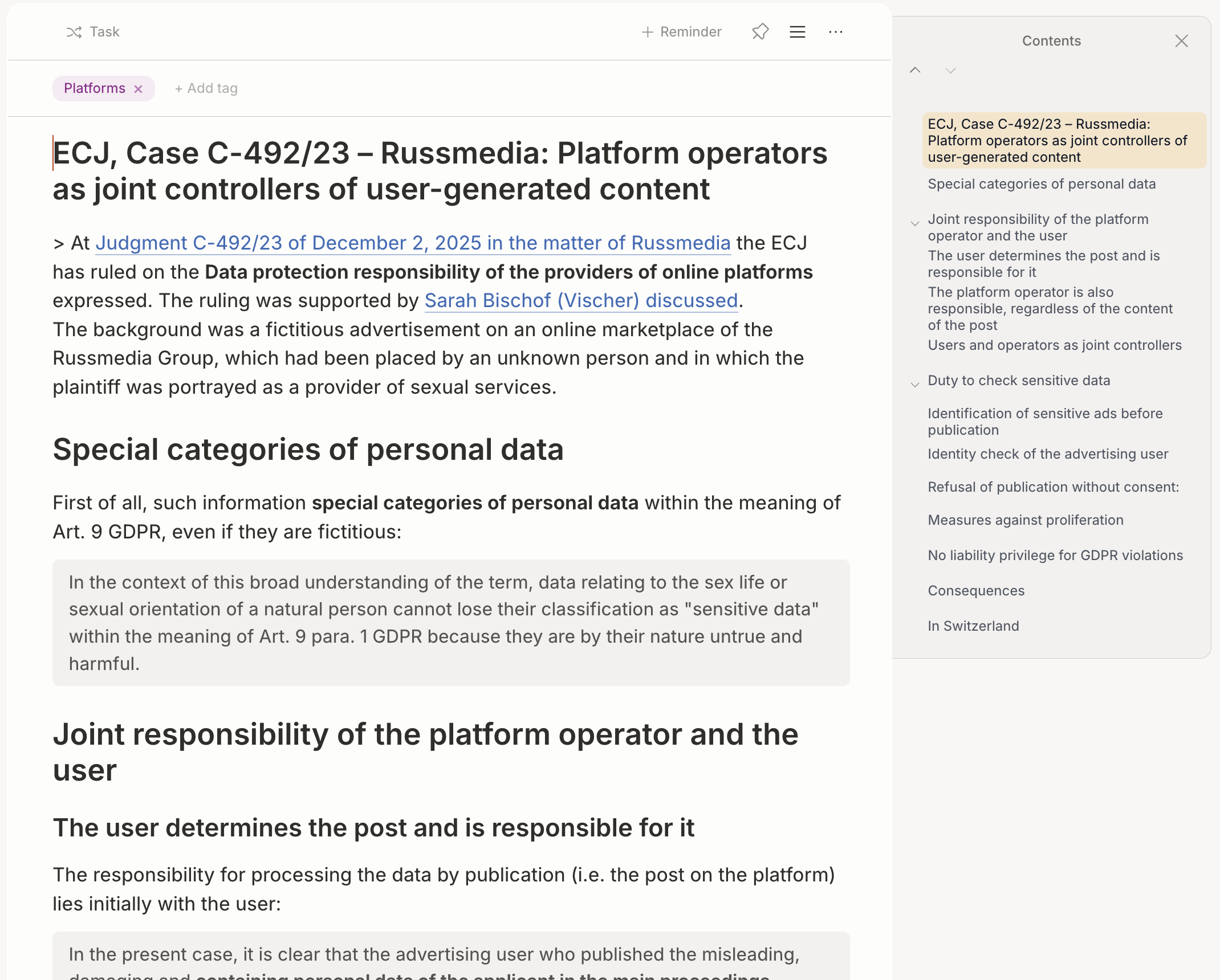 A long legal analysis in Takt, with a live side table of contents tracking the reader's position.