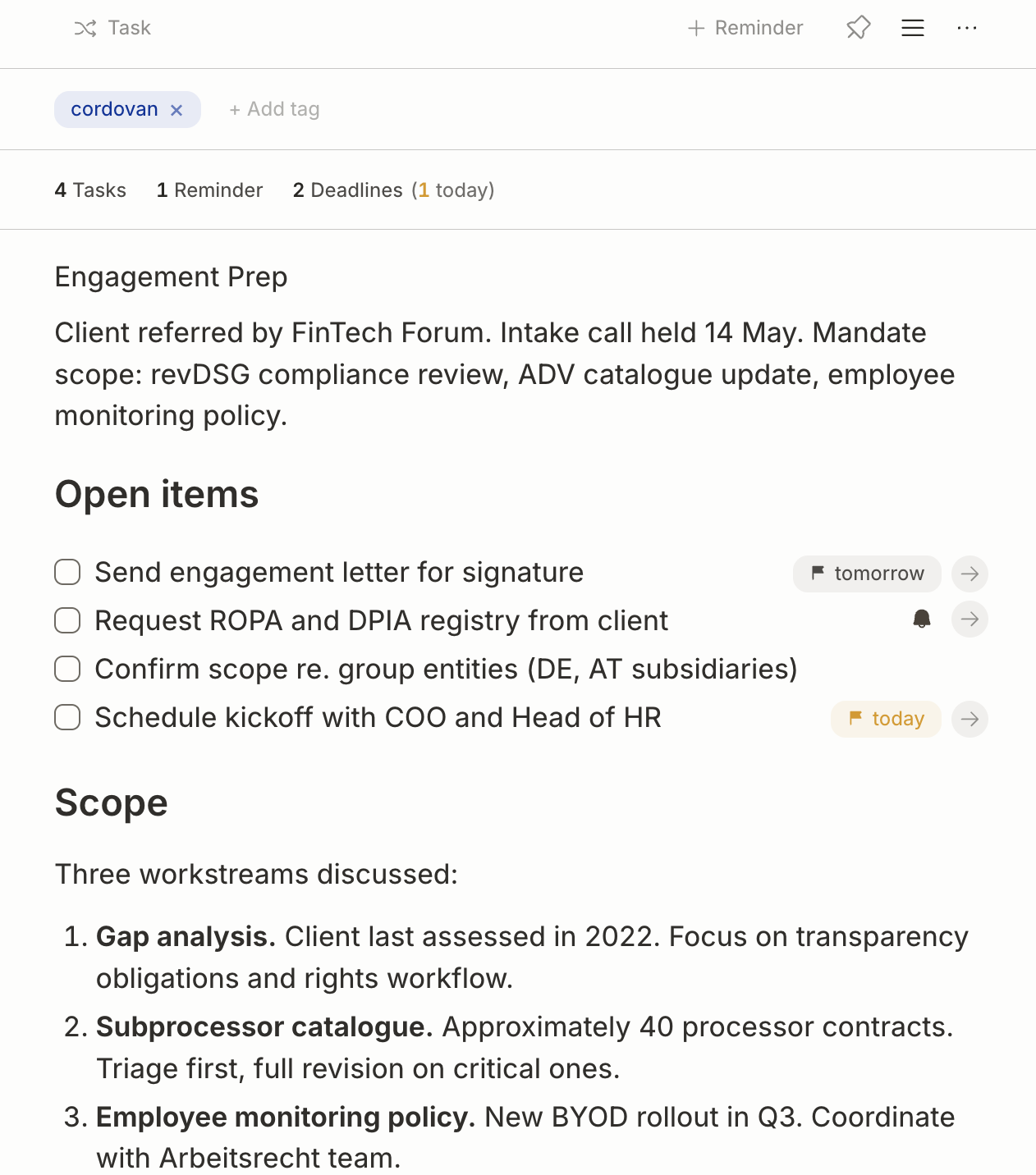 A client engagement note in Takt, with embedded tasks, deadlines, and a side table of contents.