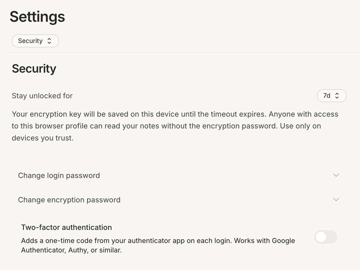 Takt's security settings, showing encryption key timeout, login and encryption passwords, and two-factor authentication.