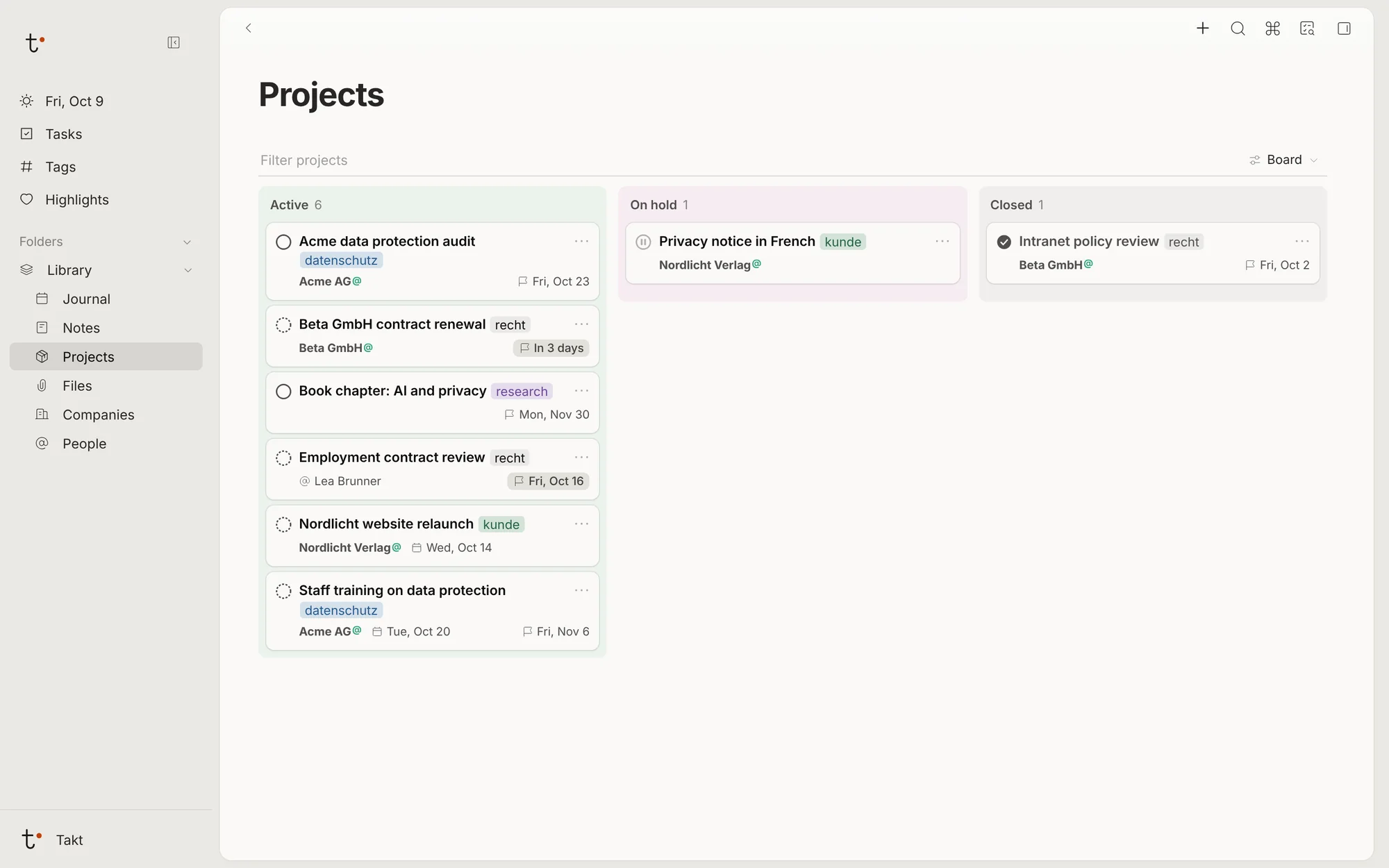 The Projects page as a board with the columns Active, On hold and Closed; each card shows the project's tag, client and dates.