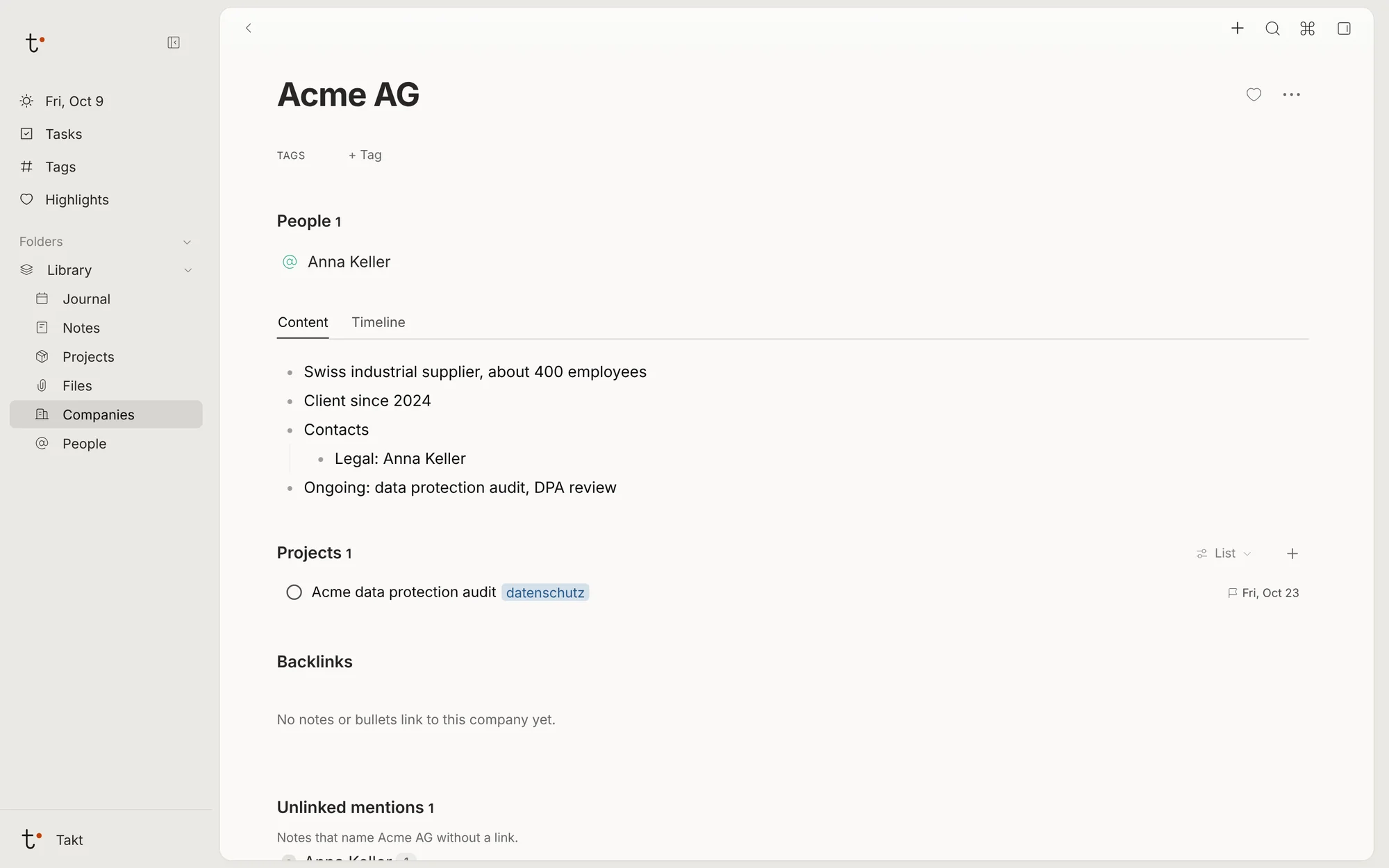 The page of the company Acme AG with its people, notes and project.