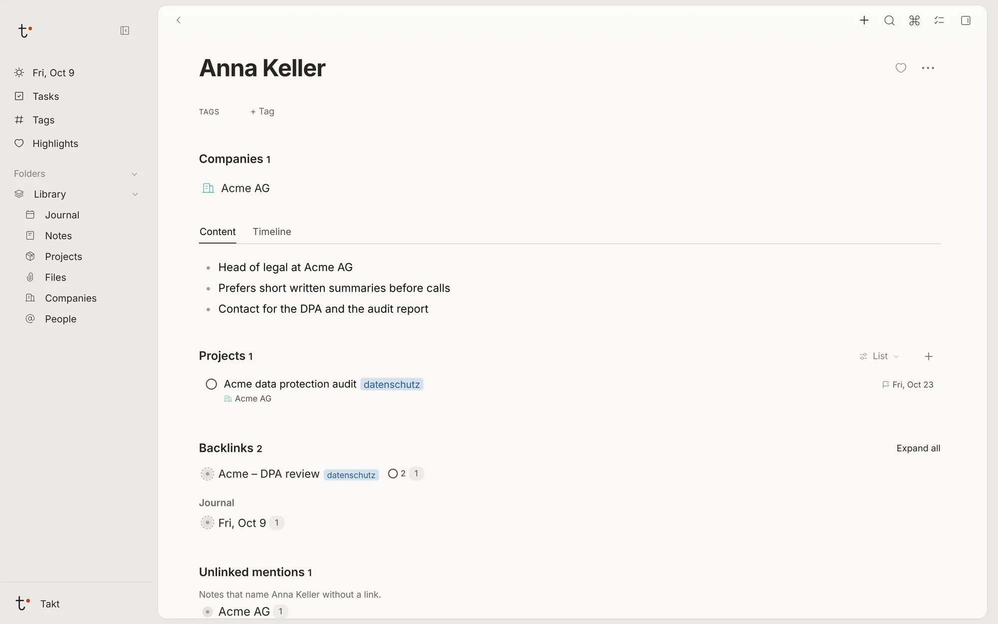 The page of the person Anna Keller with her company, notes, project, backlinks and unlinked mentions.