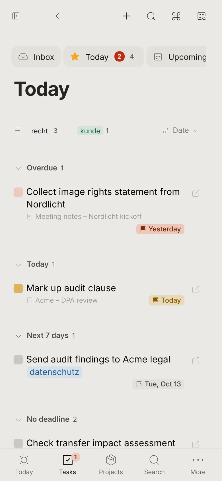 The Today task list on a phone.