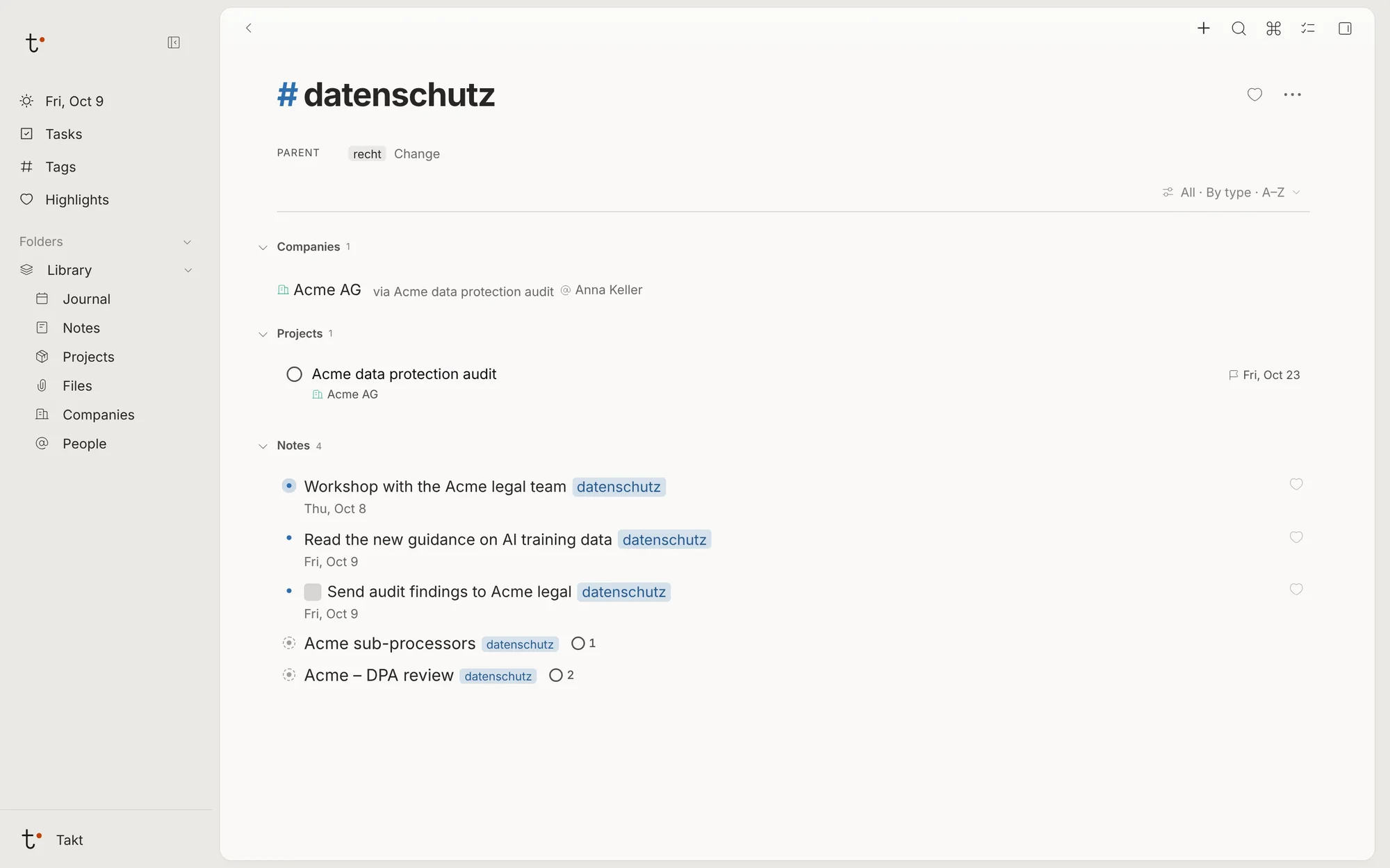 The page of the tag datenschutz: its parent tag, a company, a project and the tagged bullets with their days and notes.