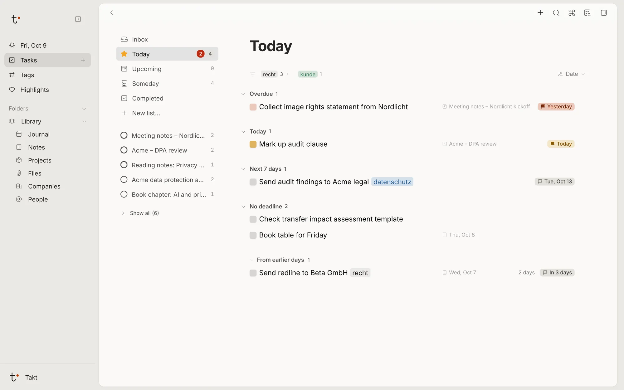 The Today list grouped into Overdue, Today, Next 7 days, No deadline and From earlier days.