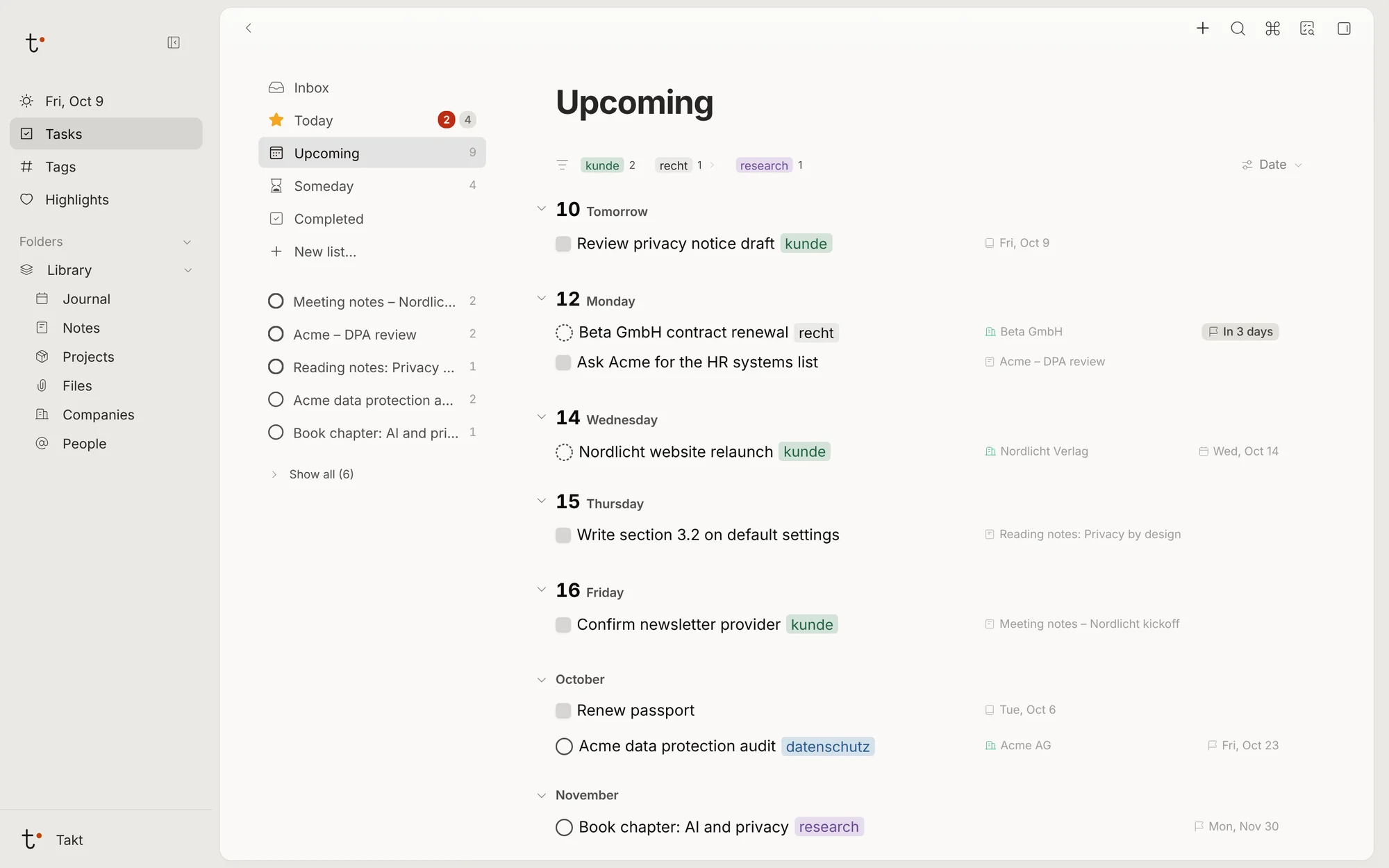 The Upcoming list with tasks under the days 10, 12, 14, 15 and 16 October, then October and November.